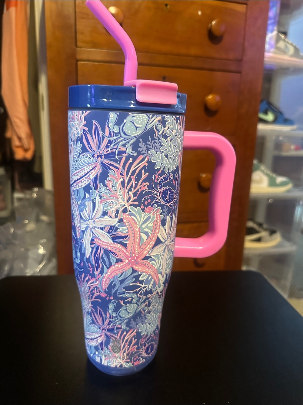 Simply southern Navy & Pink Ocean Print Travel Tumbler with Straw